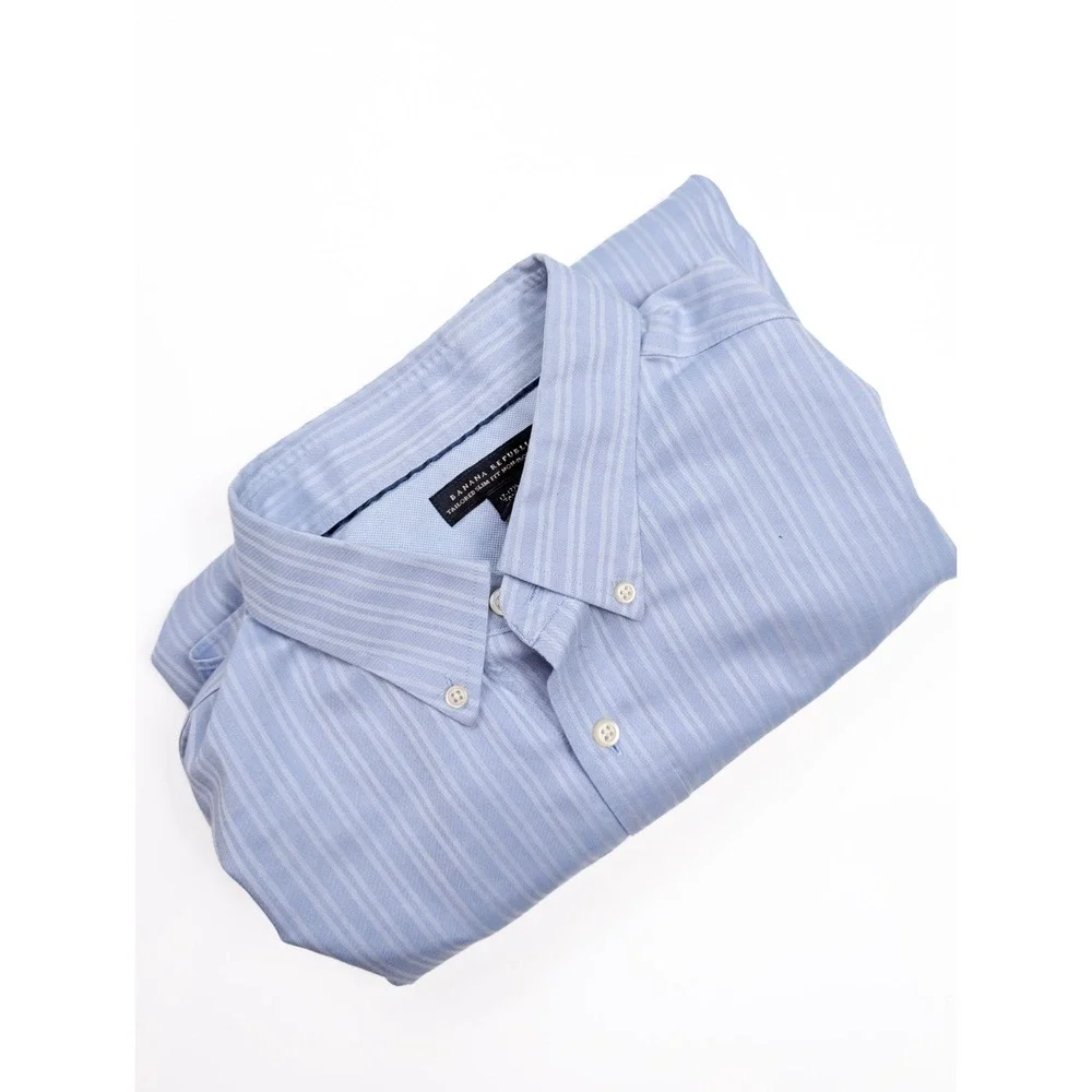 Banana Republic Tailored Slim Fit Blue Striped Non-Iron Shirt Men's Size 17-17.5